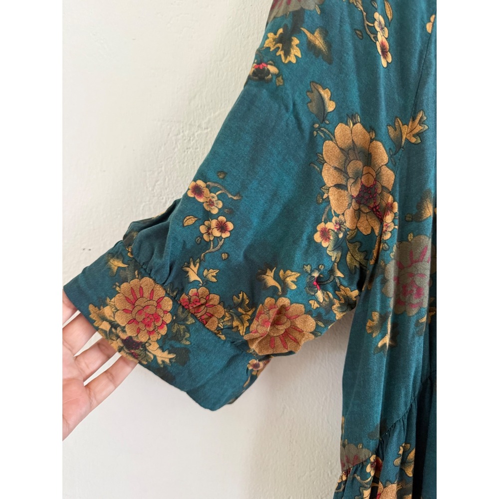 Natural Life Teal Floral Tiered Rebecca Midi Dress Large Rayon Boho Puff Sleeve - Picture 7 of 9